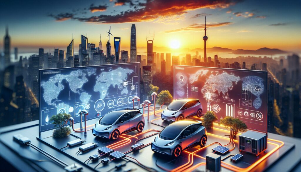 Artistic depiction of electric vehicle thermal management tech with natural beauty and sophisticated lighting.