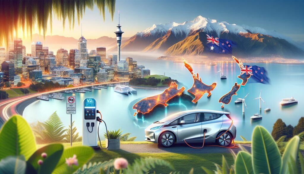 Electric cars and charging stations amidst urban and natural landscapes illustrate V2G integration in New Zealand's top cities.