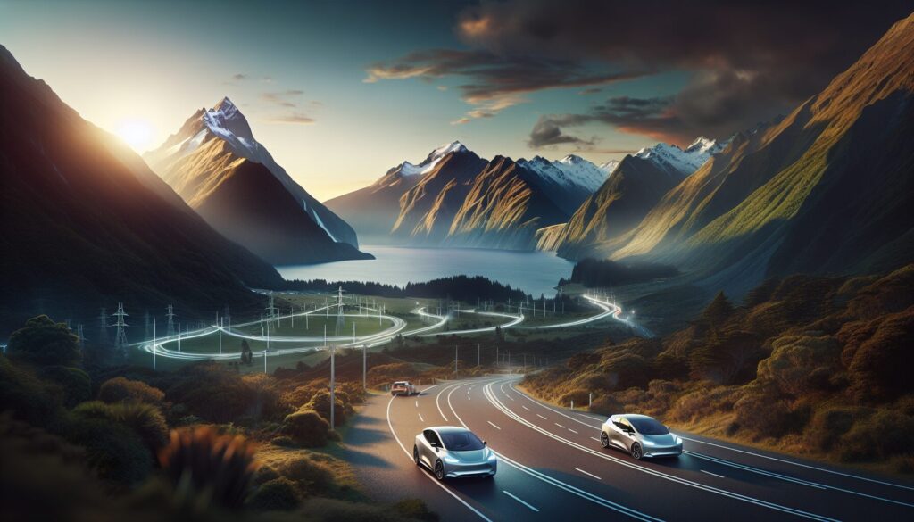 Electric car charging near lush New Zealand landscape, highlighting V2G technology challenges amidst natural beauty.