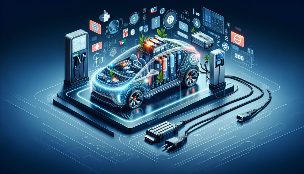 Electric car battery swapping scene with a battery pack, charging station, and stylized car highlighting innovation elements.