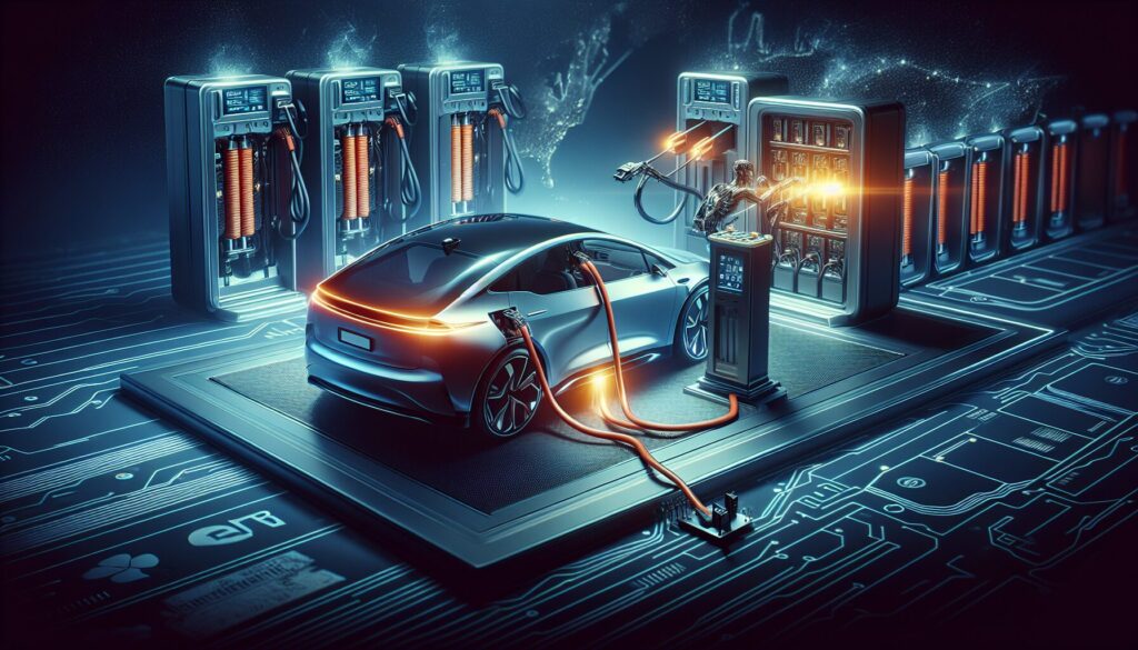 Electric car undergoing battery swapping with excellent lighting, showcasing sophisticated technology in a stunning composition.