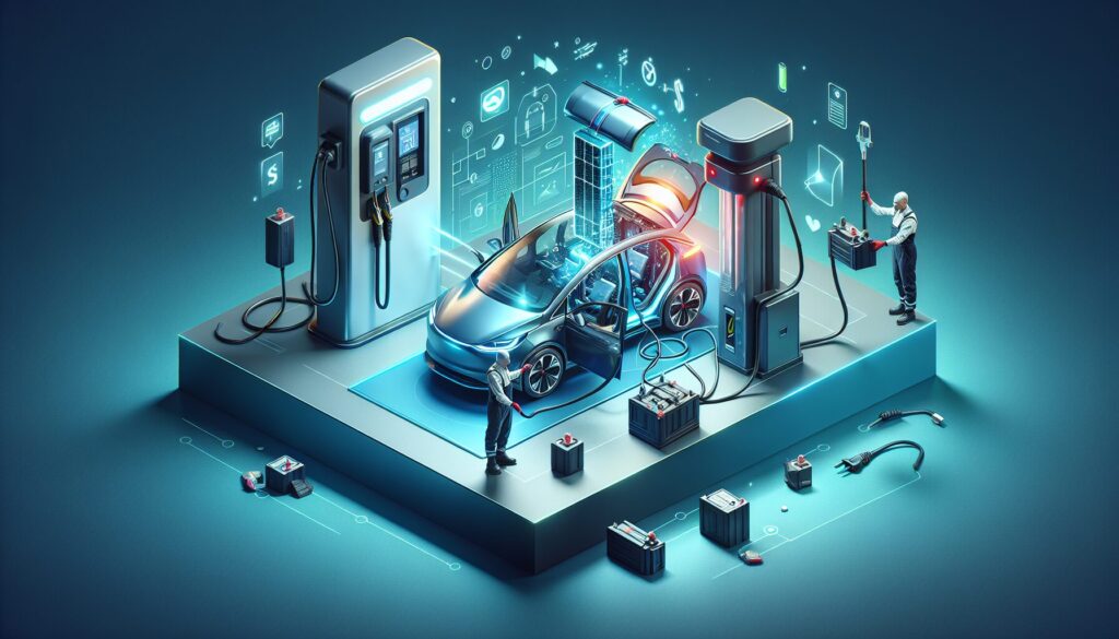 Technician swaps electric car battery at a station, highlighting the components and challenges of battery swapping technology.