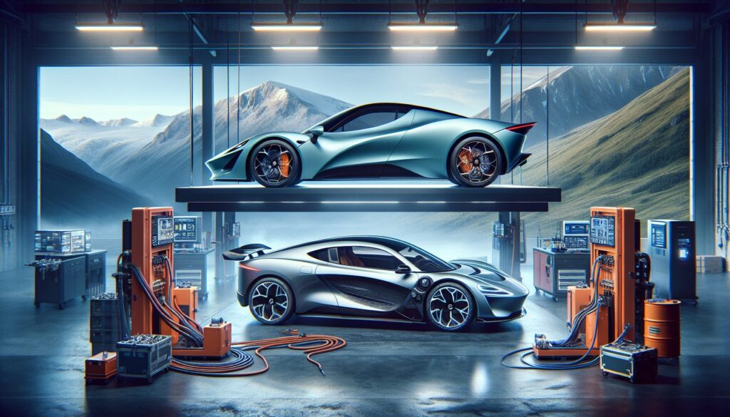 Two sleek electric cars, one with aerodynamic curves and the other with high-efficiency features, showcased in a modern, well-lit setting.