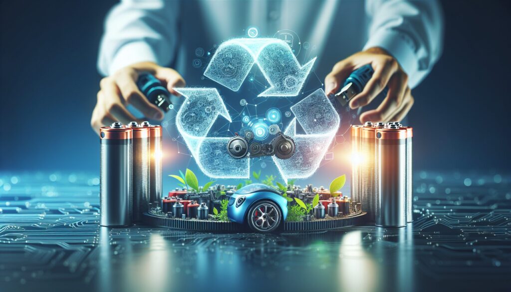 Artistic depiction of EV battery recycling innovation, with dynamic lighting highlighting sustainable technology elements.