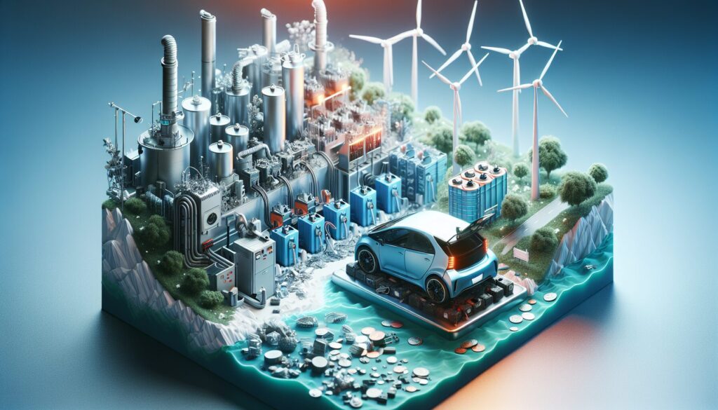 Electric vehicle battery with recycling plant machinery in a clean, natural setting, highlighting recycling technology challenges.