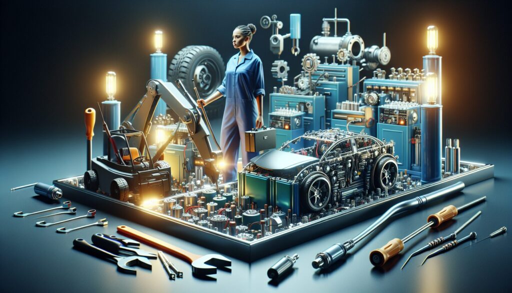 Engineers of diverse backgrounds work with EV batteries, tools, and machinery, illustrating cutting-edge recycling technology.