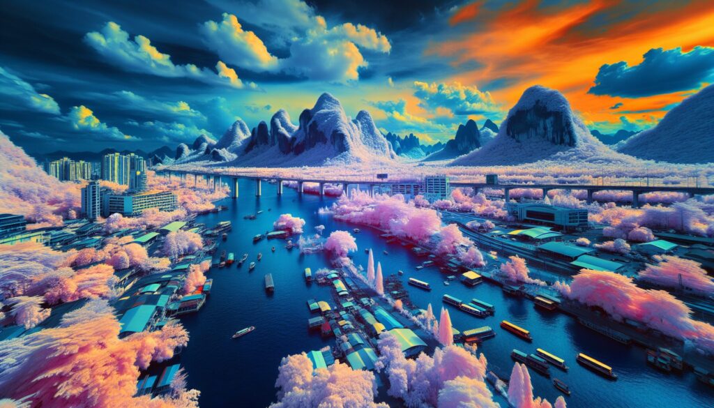 Vivid infrared scenes showcasing white foliage, dramatic skies, dark waters, and architecture, highlighting photography techniques.