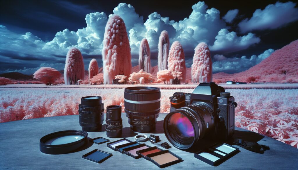 Infrared photography gear with a modified camera, filters, and film, set against a vivid infrared landscape backdrop.