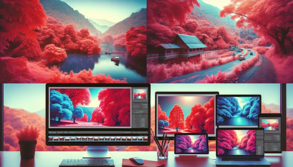 Computer screen with editing software open beside vibrant, finished infrared photos showcasing unique colors of infrared photography.