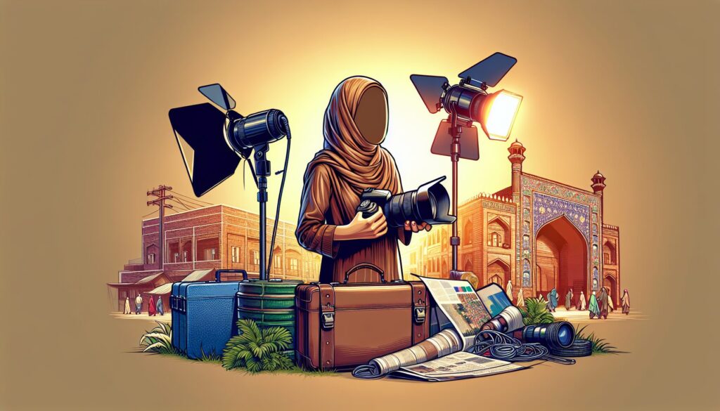 A skilled Pakistani photographer, a brown-skinned woman, expertly handles essential photography lighting equipment against a traditional local backdrop, capturing the essence of South Asian artistry, in this vibrant and engaging visual representation for "Everything You Need to Know About Photography Lighting in Pakistan.