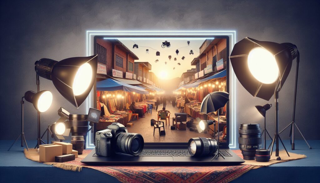In a vibrant local marketplace in Pakistan, various photography lighting equipment is displayed for sale alongside a digital frame symbolizing online shopping, perfectly capturing the essence of 'Everything You Need to Know About Photography Lighting in Pakistan'.