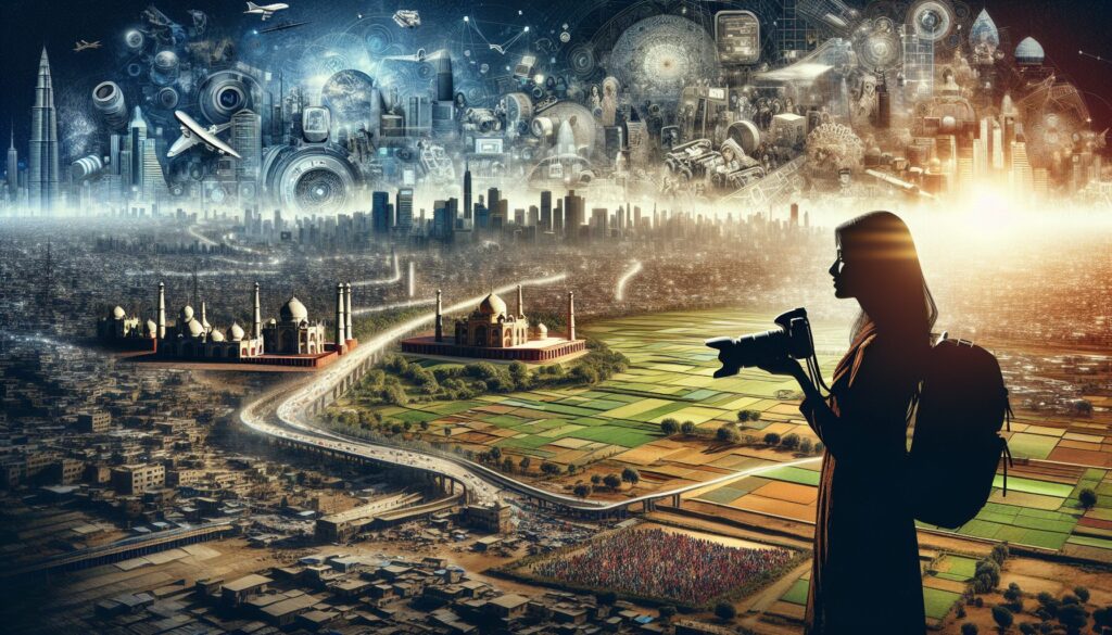 Everything You Need to Know About Photography Trends in Pakistan 2025: Innovations, Styles & Opportunities Silhouette of a South Asian female photographer gazes over a diverse Pakistani landscape in 2025, highlighting photography trends with futuristic architecture and advanced equipment.