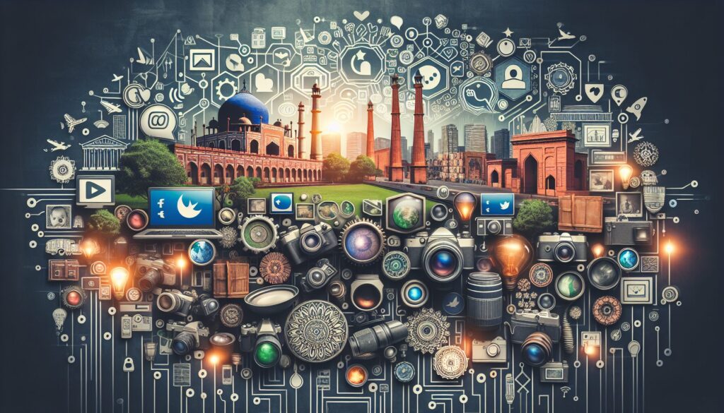 Everything You Need to Know About Photography Trends in Pakistan 2025: Innovations, Styles & Opportunities Social media icons seamlessly blend with diverse cameras and photographic elements, set against a backdrop of Pakistani architecture and culture, illustrating everything you need to know about photography trends in Pakistan 2025.