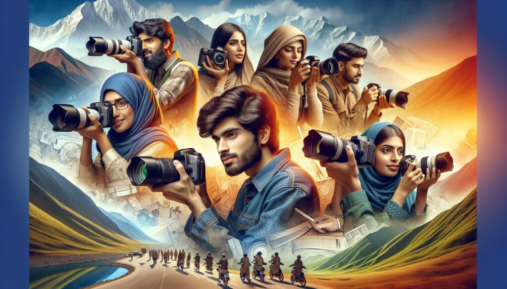 Everything You Need to Know About Photography Trends in Pakistan 2025: Innovations, Styles & Opportunities Pakistani photographers, both male and female, immerse themselves in the breathtaking landscapes of Pakistan, showcasing everything you need to know about evolving photography trends in 2025 with a blend of traditional and digital camera equipment.