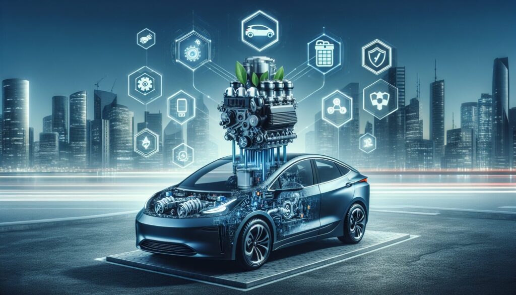 Electric car with engine icons for performance, longevity, safety; futuristic cityscape backdrop highlights solid-state battery benefits.