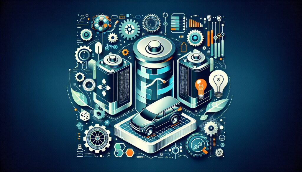 High-tech battery and electric car with gears and light bulb symbols, representing innovation in solid-state battery technology.
