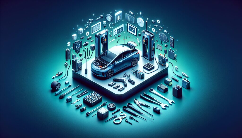 State-of-the-art equipment and tools for electric car battery swapping, artistically lit and expertly composed.