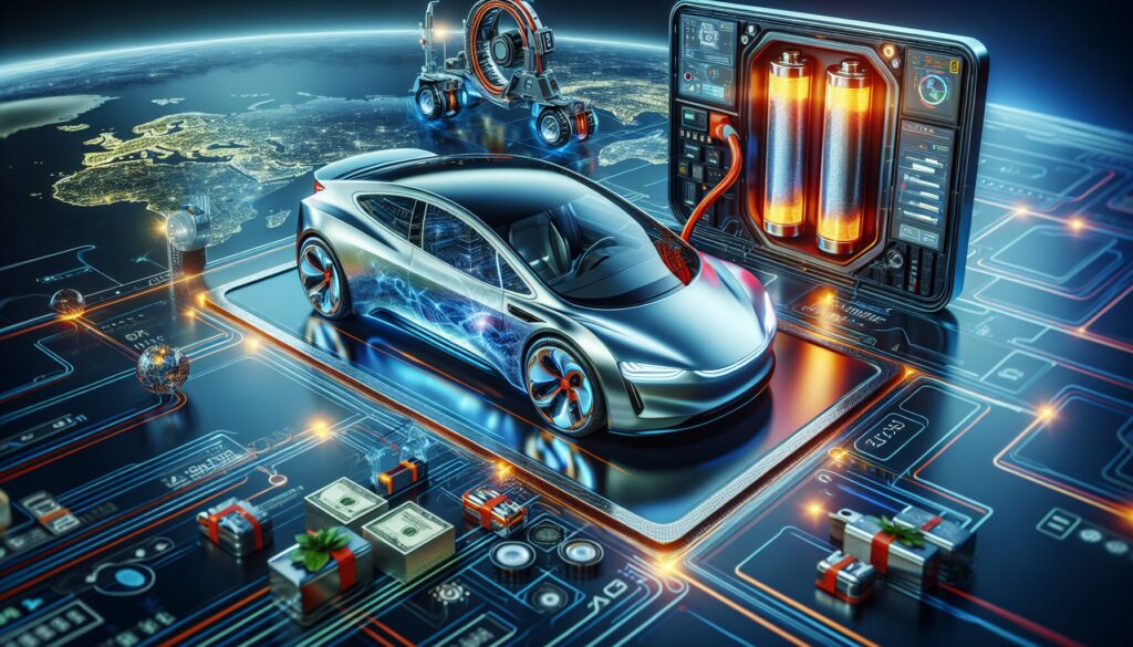 Electric car in a high-tech setting with a focus on a shiny, swappable battery highlighting battery swapping technology.