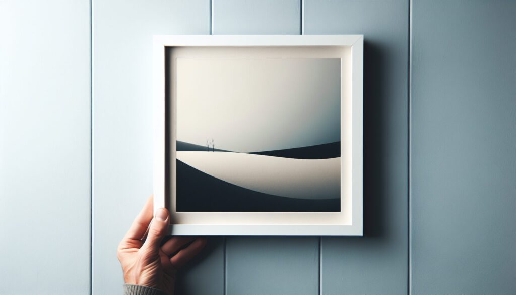 A lone tree stands in a vast, monochromatic landscape, emphasizing negative space and minimalist composition.