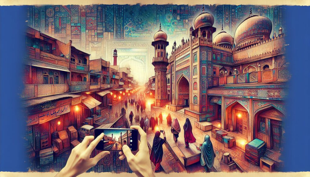 People in Pakistan capturing vibrant urban scenes, historic architecture, and lively bazaars with smartphones.