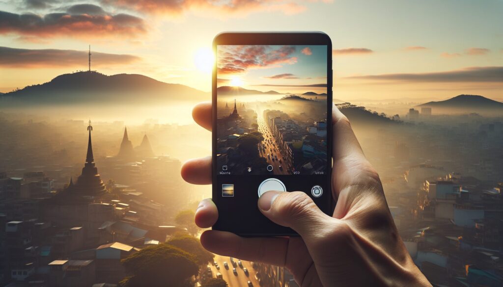 A hand holds a smartphone capturing a scenic view, highlighting lighting contrasts with warm morning light and soft shadows.