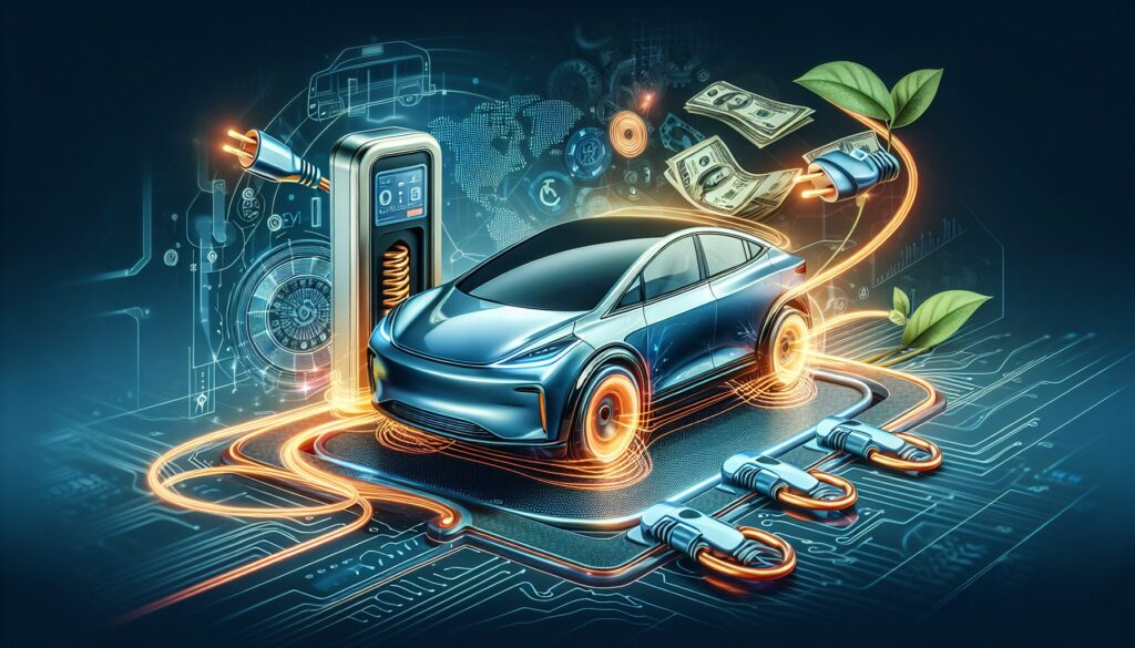 Electric car illustration with advanced inductive charging, showcasing efficient power transfer and modern technology.