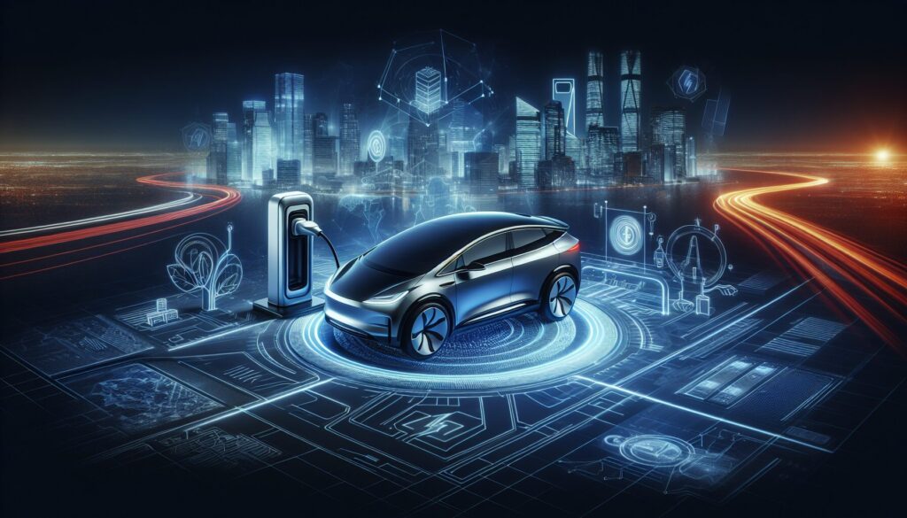 Sleek electric car highlighted with artistic elements symbolizing inductive charging technology challenges and solutions.