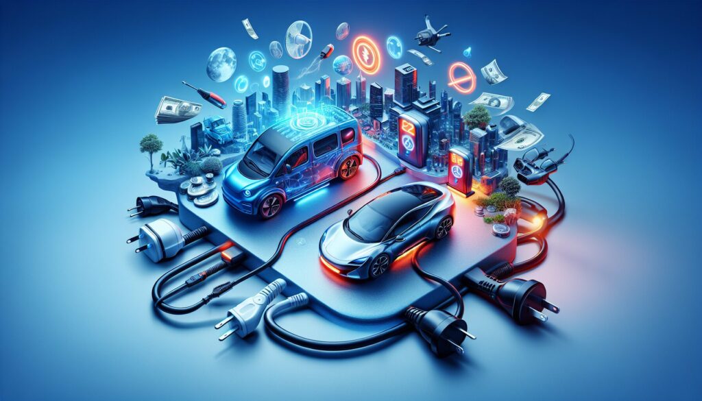 Electric car charging methods depicted artfully, showcasing technological elements of inductive and plug-in systems with balanced lighting.