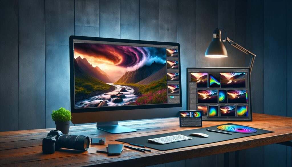 A professional studio setup showcasing the post-processing stages of a long exposure landscape photo on a high-resolution monitor.