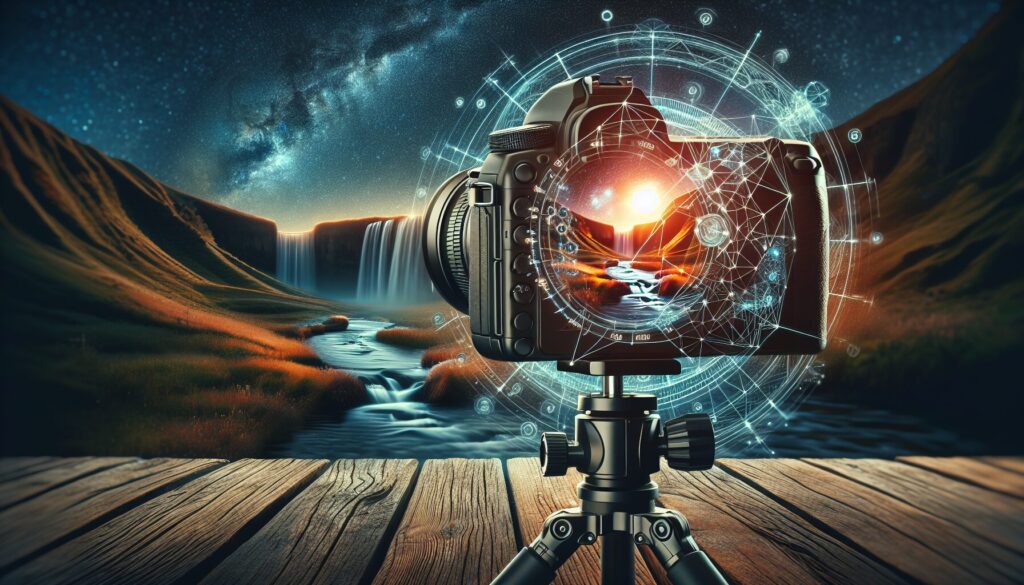 High-tech camera on tripod capturing a serene waterfall scene with glowing settings for long exposure photography.