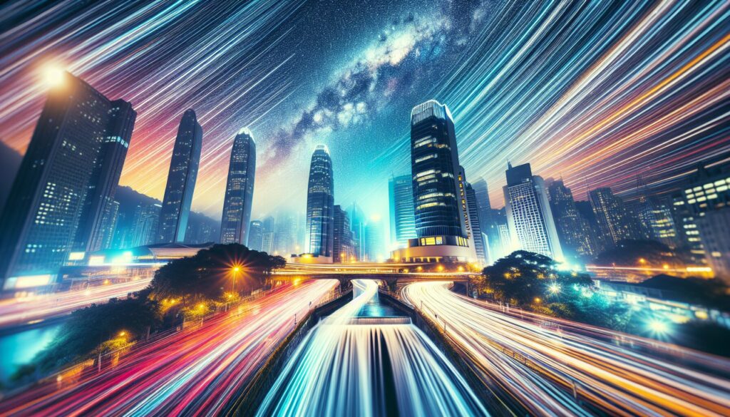 Star trails over a night sky, light streaks from a bustling city street, and silky smooth waterfall in a long exposure scene.