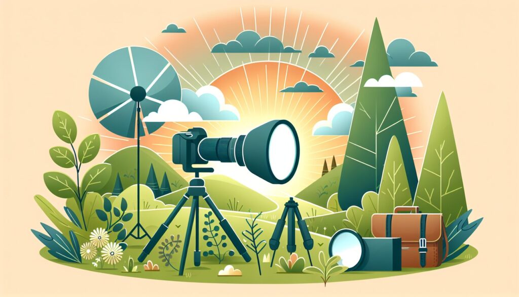 Professional-grade camera, tripod, and reflectors set amidst sunlit clouds and greenery, highlighting natural light photography.