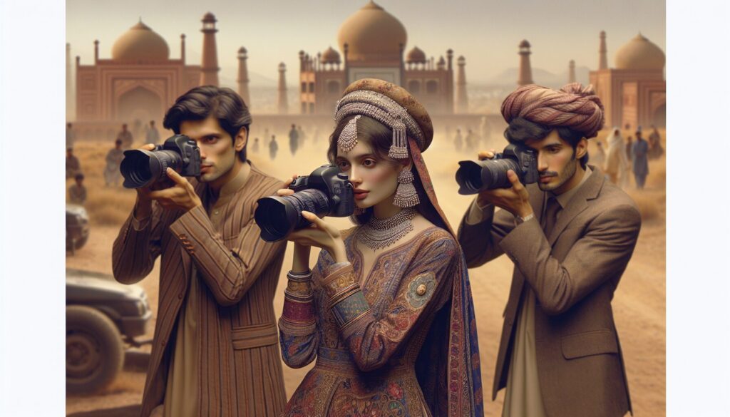 Portrait Photography in Pakistan: A Deep Dive Into Cultural Expressions is beautifully captured in this high-resolution image, showcasing photographers of diverse Pakistani descents capturing subjects in traditional attire against the backdrop of both urban and rural landscapes, highlighting the rich cultural tapestry and fashion of the region.
