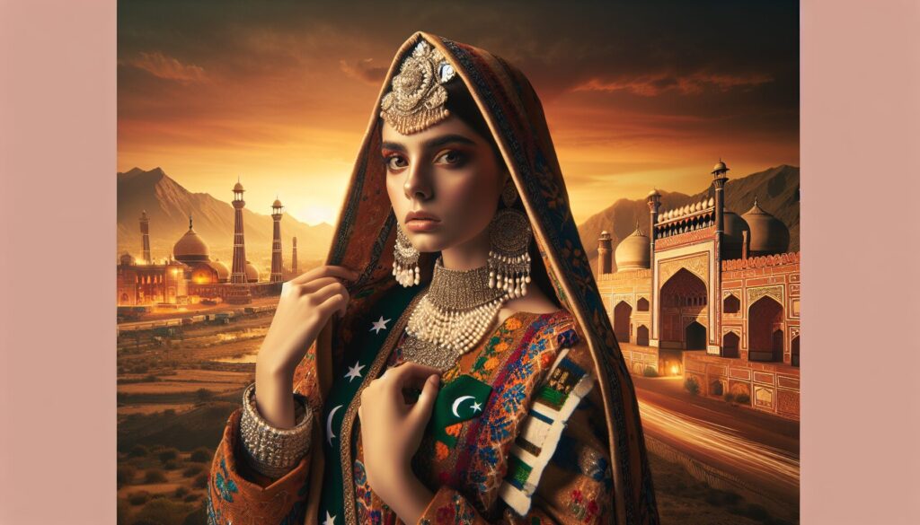 Capturing the essence of 'Portrait Photography in Pakistan: A Deep Dive Into Cultural Expressions', the image beautifully portrays a person of Pakistani descent adorned in traditional attire, set against a backdrop of iconic Pakistani architecture, subtly highlighting the deep cultural influences on portrait styles.