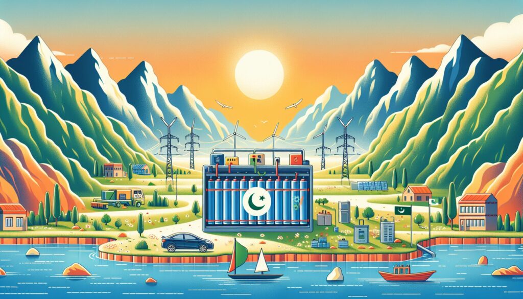 Pakistani landscape with solid-state battery technology, showcasing clean energy integration against scenic, eco-friendly backdrops.