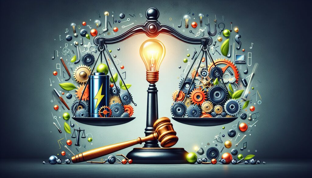 Scales and gavels interact dynamically with solid-state batteries and gears, symbolizing regulation's impact on innovation in Pakistan.