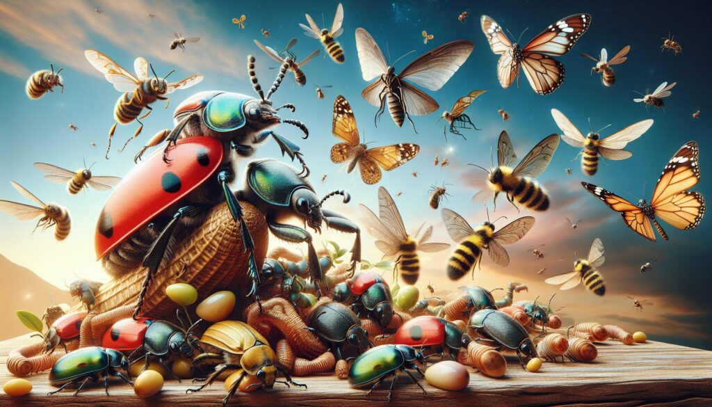Various insects like beetles, butterflies, ladybugs, and bees are engaging in natural behaviors within their habitats.