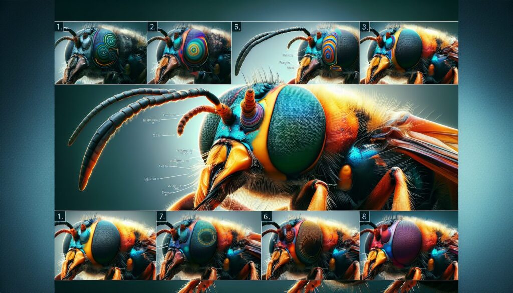 A detailed macro image of an insect shows distinct areas of color correction, brightness, contrast, and noise reduction.