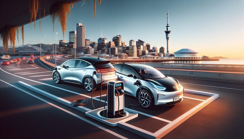 Two electric cars in New Zealand, one using a traditional charger, the other on an inductive charging pad, highlighted by contrast.