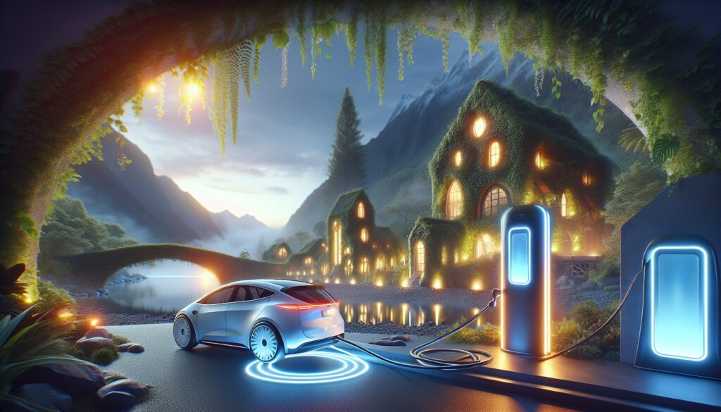 Electric car near an inductive charging unit amidst lush greenery, showcasing advanced technology and New Zealand's natural beauty.