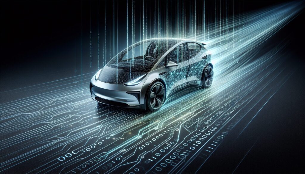 Electric vehicle with airflow lines and digital code backdrop, illustrating software-enhanced aerodynamics.