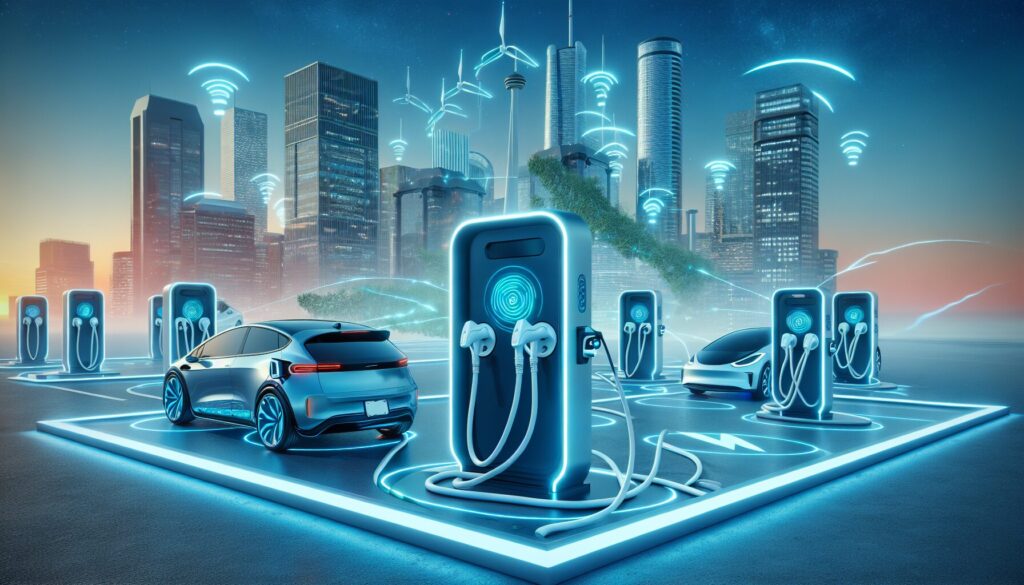 Futuristic wireless charging stations with diverse electric cars in a sleek, eco-friendly Canadian setting.