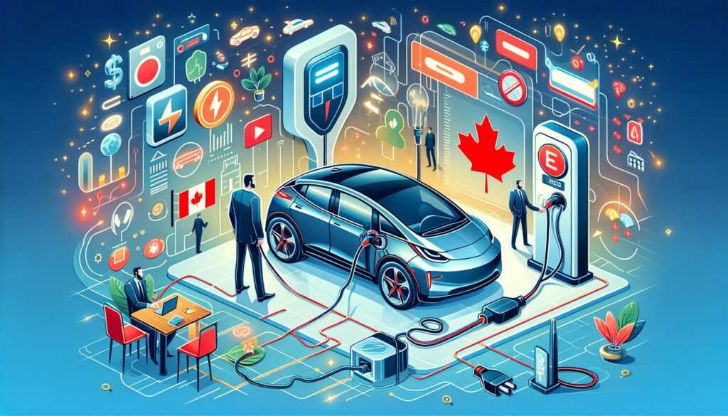 A high-resolution image showing an electric vehicle using a wireless charging system in a Canadian neighborhood setting.