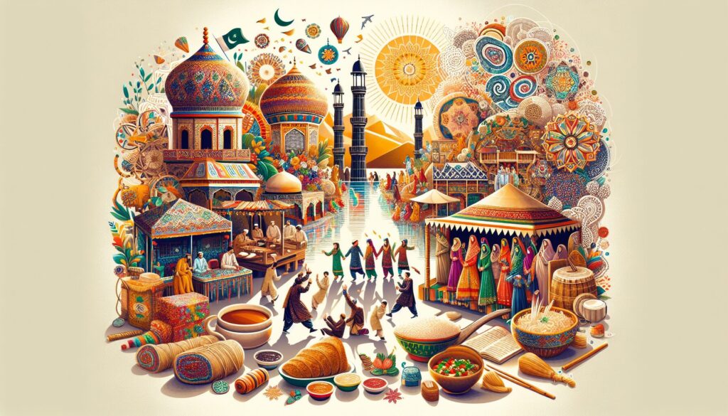 The Complete A-Z Guide to Capturing Pakistan's Cultural Heritage Through Photography is beautifully illustrated by an image showcasing lively folk dances, delicious traditional foods, vivid clothing, iconic landmarks, and exquisite handicrafts, all intricately woven together to embody the vibrant spirit and rich traditions of Pakistan.