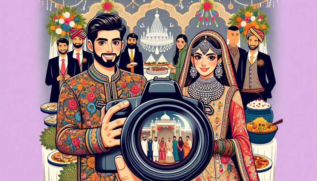 The Complete A-Z Guide to Photography Genres in Pakistan Wedding and event photography in Pakistan is vividly captured through a DSLR lens, featuring a South Asian groom in an embroidered kurta and a bride in glittering jewelry and a colorful traditional dress, surrounded by festive people, food arrangements, and decorative elements typical of Pakistani weddings.