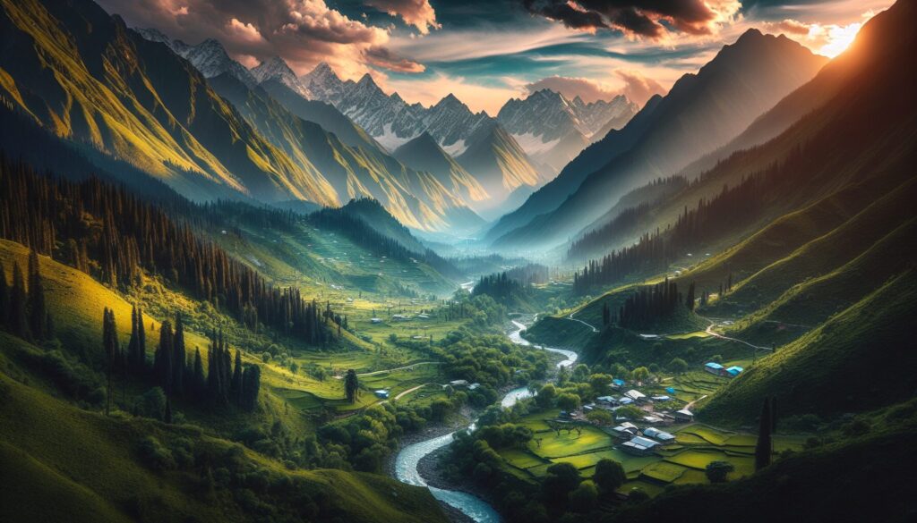 The Complete A-Z Guide to Photography Genres in Pakistan Capturing the essence of landscape photography in Pakistan, this image showcases lush green mountains, vibrant valleys, serene rivers, and picturesque villages, perfectly illustrating the natural beauty highlighted in 'The Complete A-Z Guide to Photography Genres in Pakistan'.