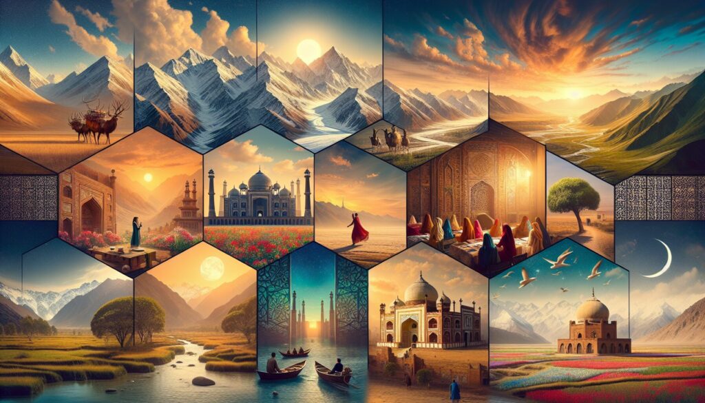 The Complete A-Z Guide to Photography in Pakistan: Top Spots, Tips & Culture Showcasing the complete A-Z guide to photography in Pakistan, this image captures diverse scenes of the Karakoram mountains at sunrise, Lahore's architecture under bright noon light, and Punjab's plains at dusk, enriched with elements of Pakistani culture like traditional clothing and local flora and fauna.
