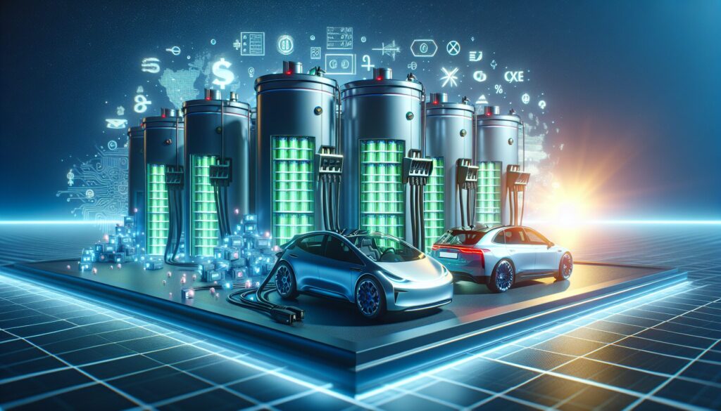 A large battery bank and an electric car illustrate second-life EV battery technology with striking lighting and composition.
