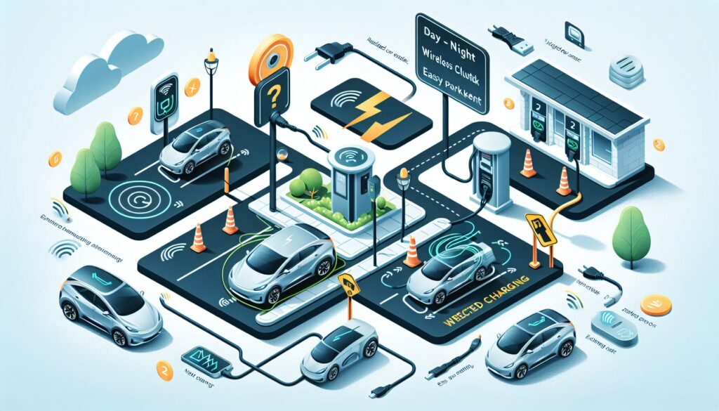 Electric vehicles wirelessly charging at day-night stations, showcasing reduced cord clutter and easy parking alignment.