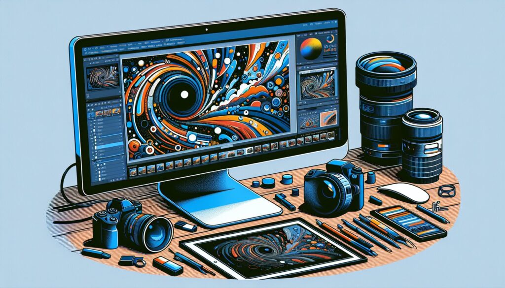 Photographic equipment and computer with abstract photography before-and-after example, emphasizing post-processing impact.